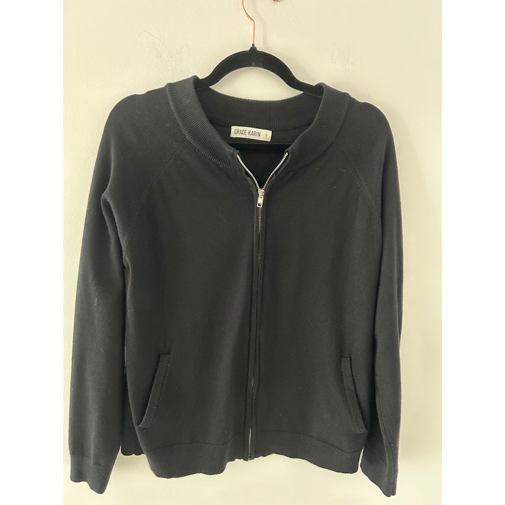 Grace Karin Black Full Zip Bomber Cardigan Sweater Women Medium Pockets Raglan